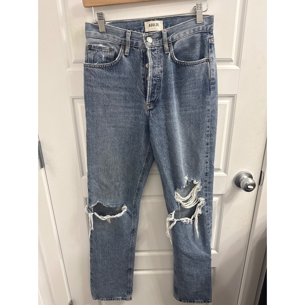 AGOLDE Lana High Rise Straight Distressed Jeans Medium Wash Size 24 Button Fly